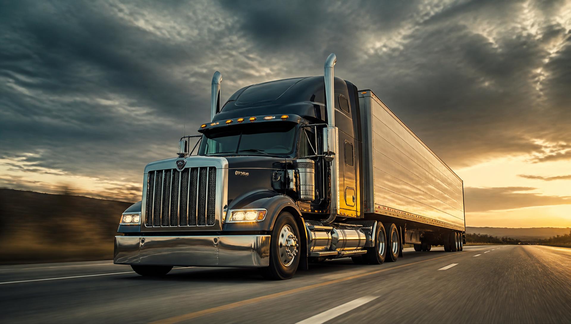 American semi truck hauling a dry van trailer on a US interstate at golden hour